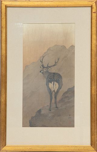 Ohara Koson (Japanese, 1877-1945) Woodblock Print On Paper C. 1900, Deer In The Mountains, H 12'' W 6''