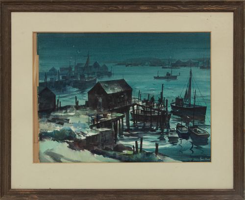 John Hare (American, 1908-1978) Watrecolor On Paper, Wharf Scene, H 21'' W 29''