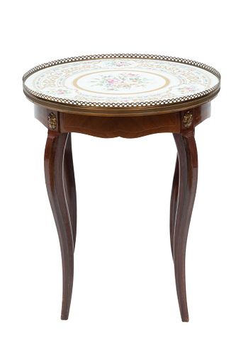 French Painted Porcelain Table Top & Mahogany Table, H 21'' Dia. 18''