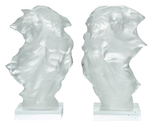 Frederick Hart (American, 1943-1999) Clear Acrylic Resin Sculptures, Duet One, H 17'' W 8'' Depth 5'' 1 Pair + Signed Book