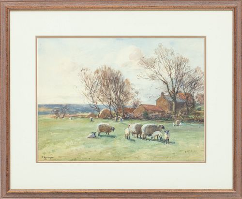 John Atkinson (British, 1863-1924) Watercolor Country Landscape With Sheep