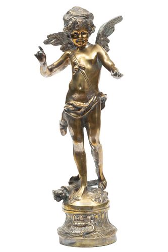 After Auguste Moreau (French, 1834-1917) Silvered Brass Statuette, "Alerte", H 22.5'' Dia. 8''