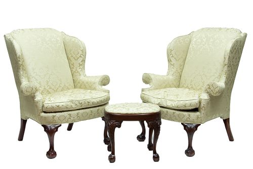 Mahogany Upholstered Chairs, Pair, + Footstool H 44'' W 38'' 3 pcs