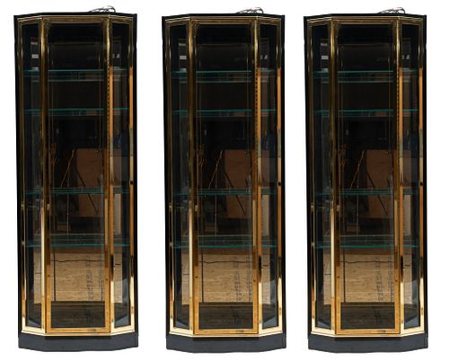 Black Lacquered Wood & Brass Display Cabinets, H 6' 11'' Depth 2' 6'' 3 pcs