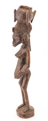 Senufu African Carved Wood Sculpture, Standing Nude Pregnant Woman, H 24.5'' W 4.75'' Depth 4.5''