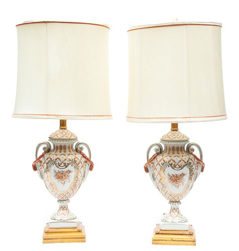 French Style Painted Porcelain Lamps, H 31'' Dia. 9'' 1 Pair