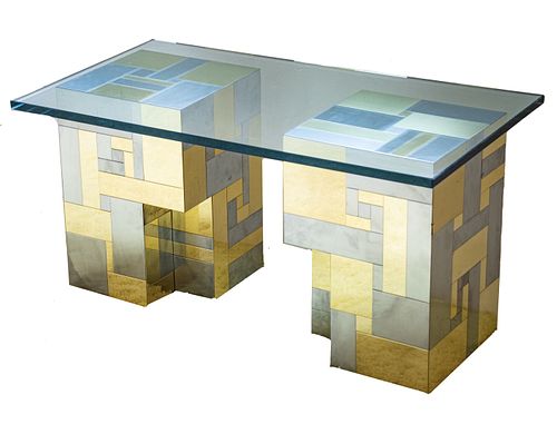 Paul Evans (American, 1931-1987) Cityscape Glass Top Table H 19'' W 19.75'' L 36''