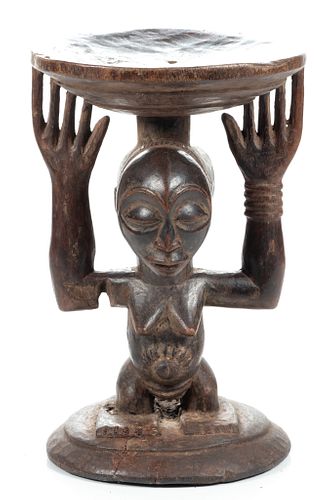 Luba African Carved Wood Figural Stool H 13.5'' Depth 9''