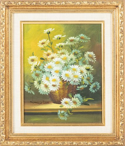 Nancy Lee (British, 20th C.) Oil On Canvas Board, Still Life, Daisies H 9.5'' W 7.5''