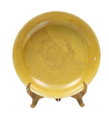 Chinese Yellow Glaze Porcelain Plate, H 2'' W 9''