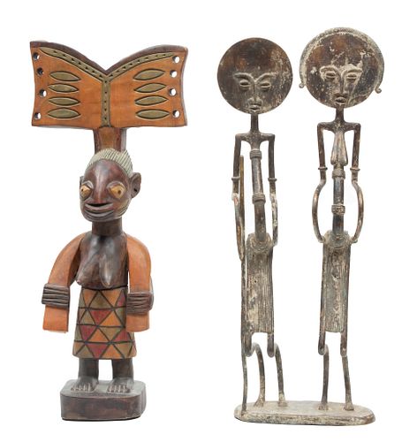 Benin Bronze Pr.dancing Figures 24" H X 9" & Carved Wood Fejmale 23" H.