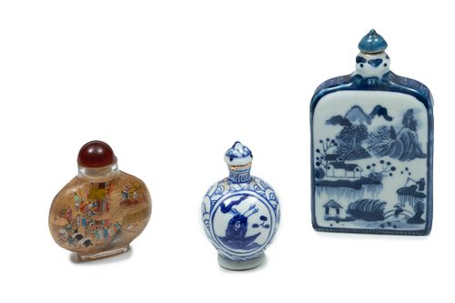 Chinese Porcelain And Glass Snuff Bottles H. 2.5"-4" 3 Pcs
