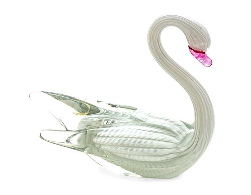 Swedish Art Glass Swan Figurine, H 7'' W 4'' L 8''