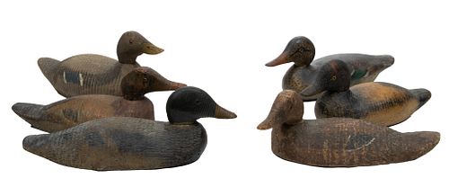 Polychrome Carved Wood Duck Figurines, W 5.5'' L 15.5'' 6 pcs