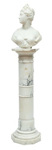 After Jean-Antoine Houdon (France, 1741-1828) Carved Marble Bust & Marble Pedestal, Diana, H 20'' W 15'' Depth 8''