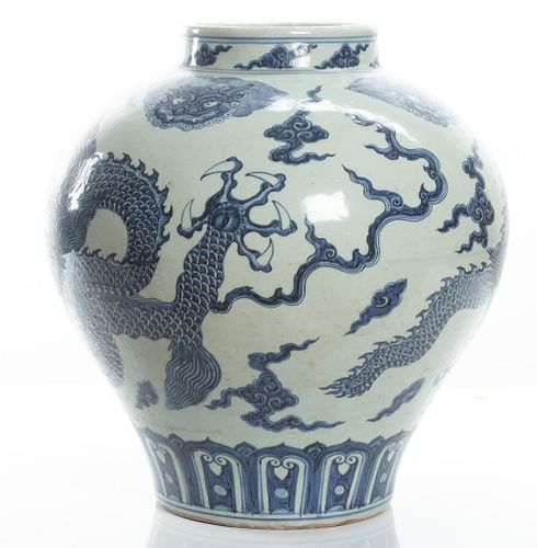 Chinese Blue & White Porcelain "Dragon" Jar, H 15.5'' Dia. 16''