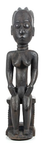 Senufu African Carved Wood Sculpture, Seated Semi-Nude Female, H 27'' W 6.5'' Depth 8''