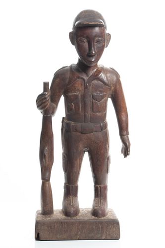 African Republic Of Congo Carved Wood Sculpture, Man Holding A Rifle, H 30'' W 11''