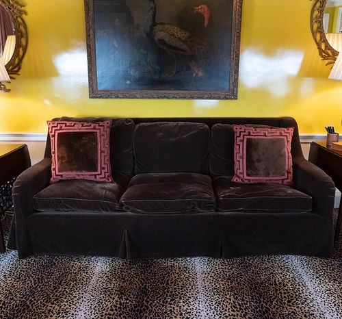 Brown Mohair Three-Seat Winged Sofa, Custom Made, together with a Pair of Brown and Rose Pillows