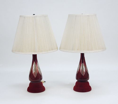 Pair of Ruby Flash Glass Table Lamps.