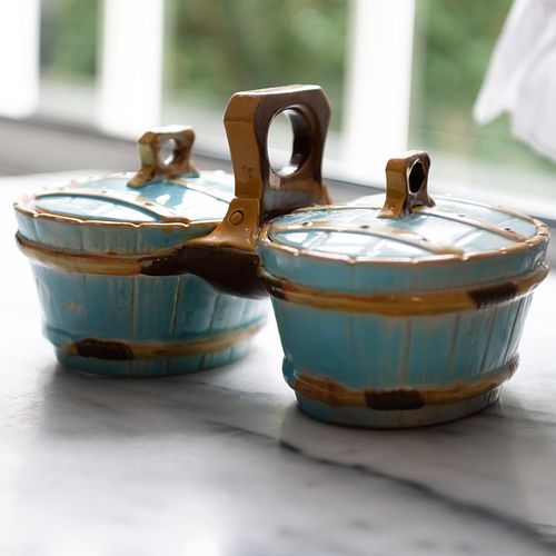 English Majolica Double Condiment Dish and Covers