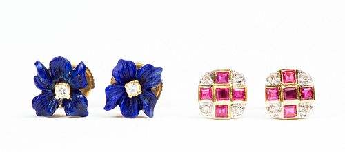 18k Gold French Mecan Elde Ear Studs and Ruby Diamond Studs