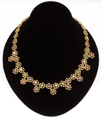 18K Gold, Diamond, Sapphire, Ruby and Emerald Statement Necklace