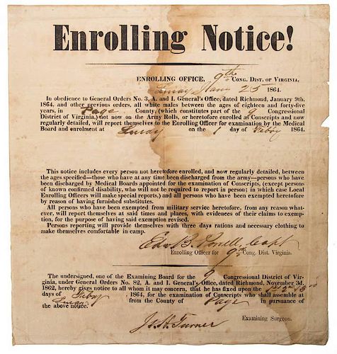 IMPORTANT PAGE CO., SHENANDOAH VALLEY OF VIRGINIA CONFEDERATE STATES OF AMERICA "ENROLLING NOTICE" BROADSIDE