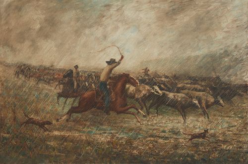 John Sloan (1871-1951), Cowboys rustling cattle herd in the rain, circa 1920, 33" H x 49.75" W