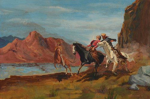 William Burlingame (b. 1942), Figures on horseback in Southwest landscape, 1964, Oil on Masonite, 24" H x 36" W
