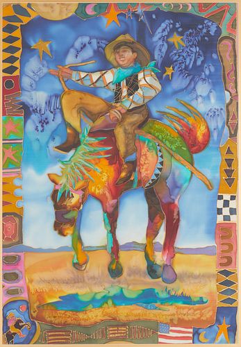 Nancy Cawdrey (b.1948), A cowboy on horseback, Mixed media on silk over mat board, 33" H x 23" W