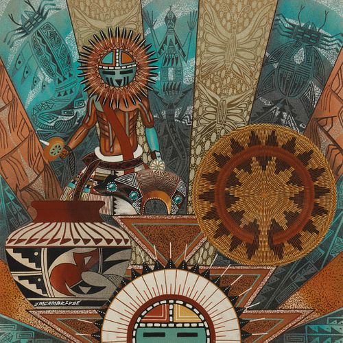James M. Cambridge, (b. 1954), Hopi sun figure with pottery and baskets, Navajo sandpainting on board, 23.75" H x 23.75" W