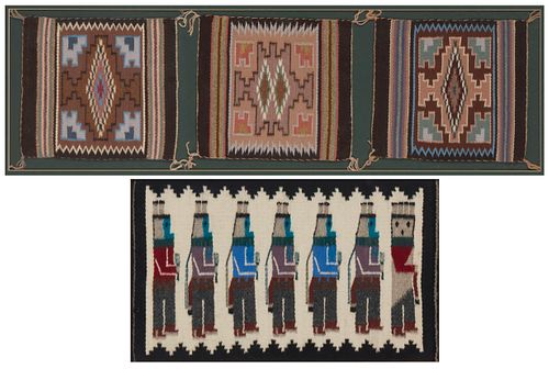 A group of framed Navajo textiles