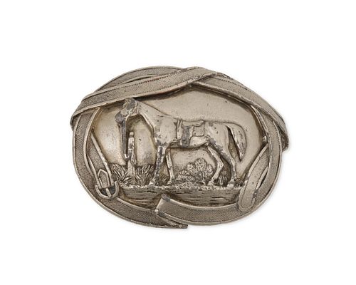 A large silver-plated horse belt buckle