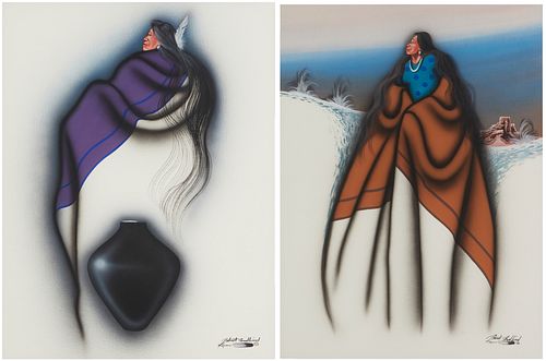 Robert Redbird (b. 1964), Native American figures wrapped in blankets, Sight: 28" H x 21" W, 2 pieces