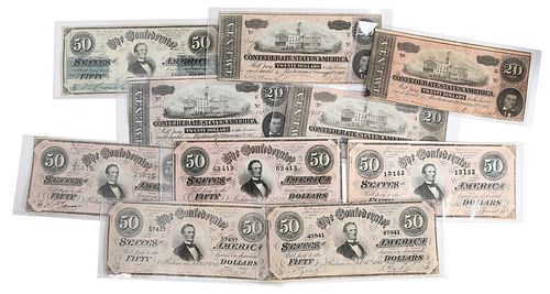 Group of Ten Confederate Bank Notes, $20 and $50 Denominations