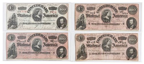 Group of Four Confederate "Lucy Pickens" Bank Notes, $100 Denomination