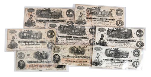 Group of Eight Confederate Bank Notes, $100 Denomination
