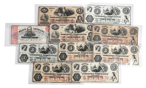 Group of Ten Obsolete Bank Notes, Louisiana and Maryland