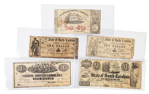 Group of Five Obsolete Bank Notes, North and South Carolina