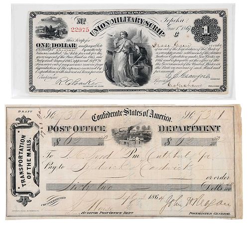 Confederate States of America Post Office Warrant and Union Military Scrip 