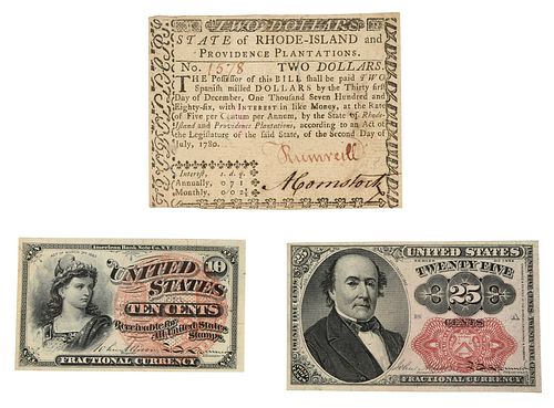 Rhode Island Colonial Currency and Two U.S. Fractional Notes 
