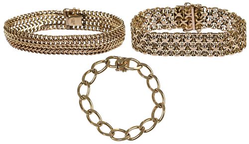 Three 14kt. Gold Bracelets, Curb, Woven, and Byzantine