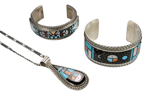 Two Zuni Sun God Multi Stone Inlay Cuffs and One Zuni Inlay Pendant