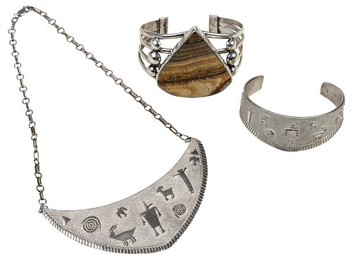 James Rogers Silver Necklace and Bracelet Set; One Navajo Jasper Bracelet