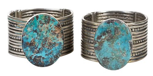 Two Navajo Large Single Turquoise Stone Sterling Silver Bracelets
