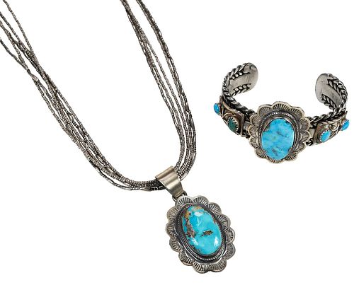 Navajo Silver Turquoise Cuff and Necklace with Pendant
