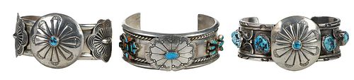 Three Silver and Turquoise Concho Cuff Bracelets