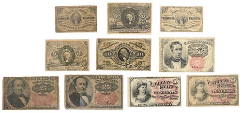 Ten Assorted Fractional Currency Notes 