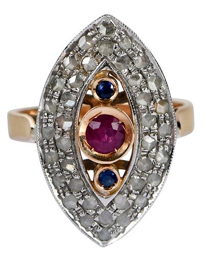 14kt. Edwardian Ruby, Blue Sapphire, Old Mine Cut Diamond Ring  